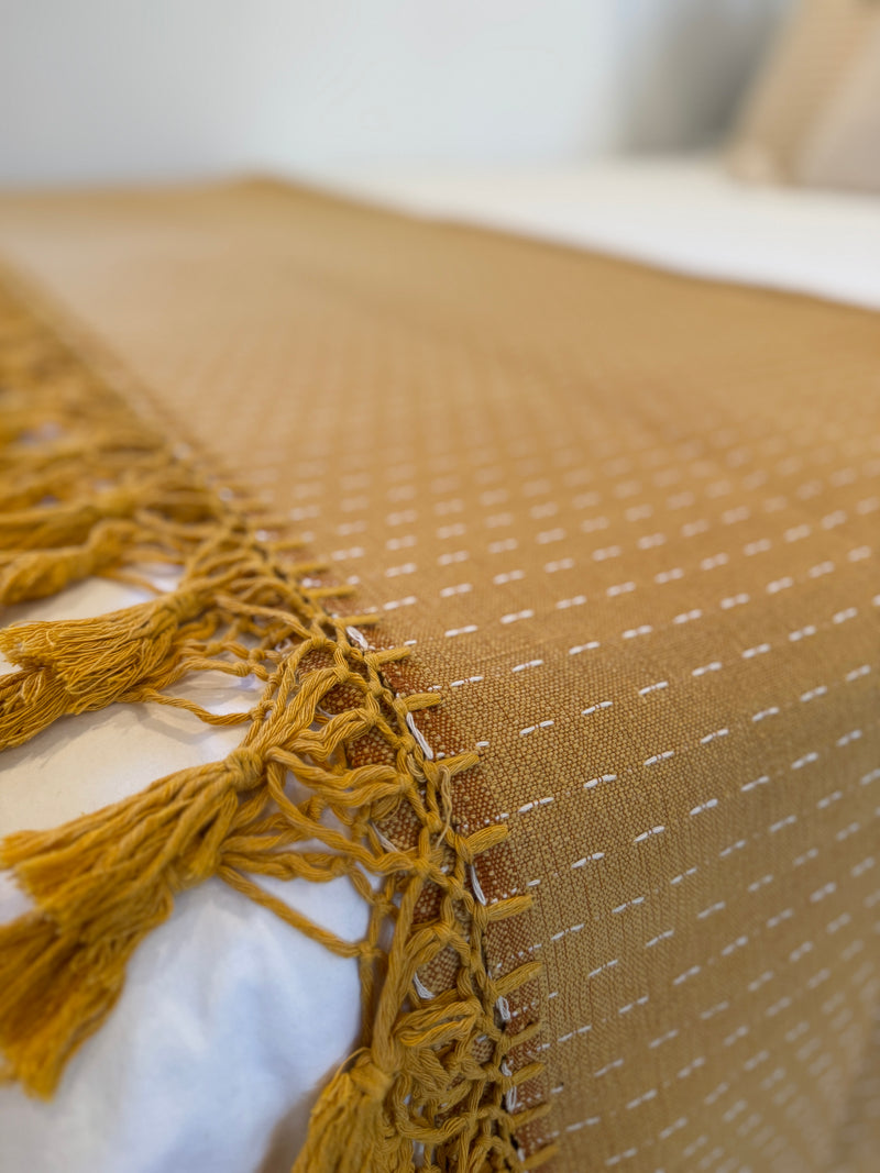 Mexican Handwoven Cotton Quilt |      Mustard Yellow & Ivory    Double