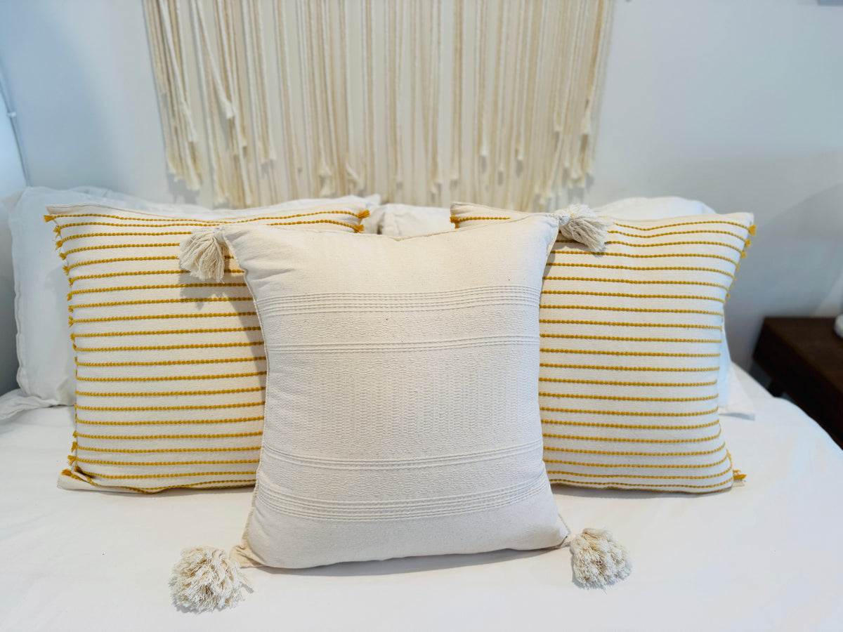 Handwoven Cotton Pillow Cover with Fringe | Ivory & Yellow