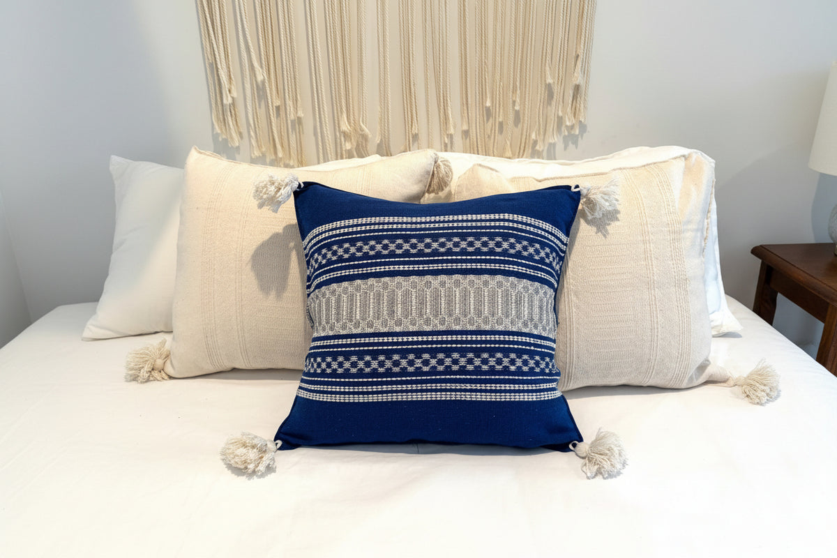 Handwoven Cotton Pillow Cover with Tassels | Blue, Silver & Ivory