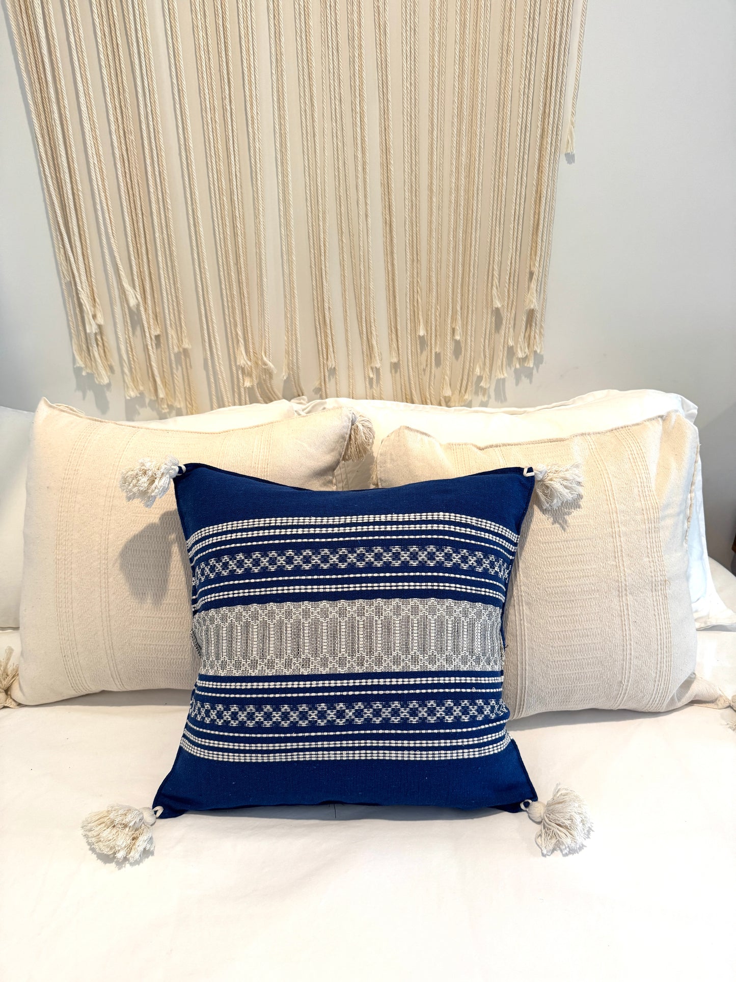 Handwoven Mexican Pillow Cover with Tassles | Blue, Silver, Ivory