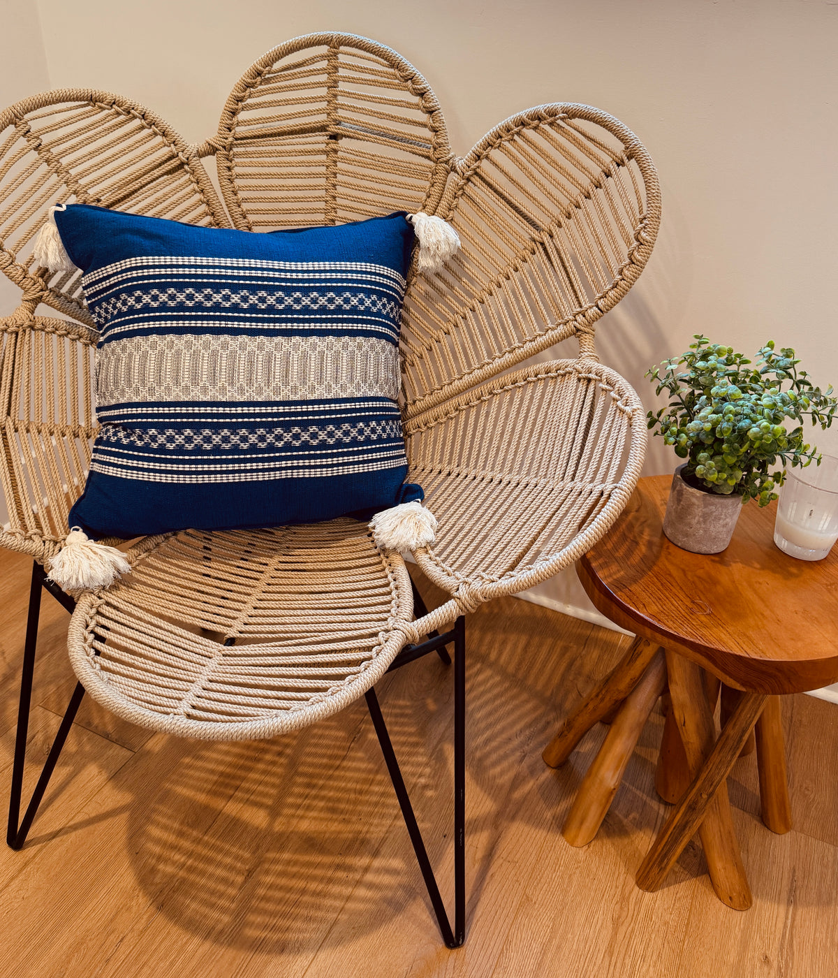 Handwoven Cotton Pillow Cover with Tassels | Blue, Silver & Ivory