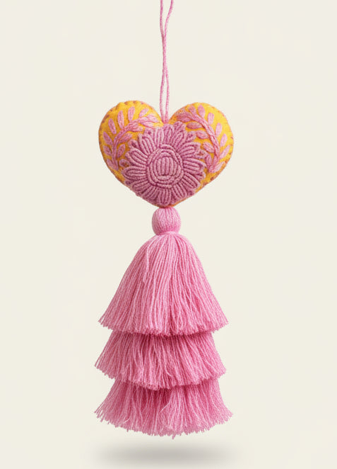 Heart Embroidered Pompom / Gold, Pink