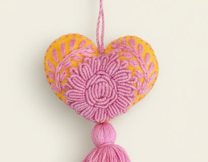 Heart Embroidered Pompom / Gold, Pink