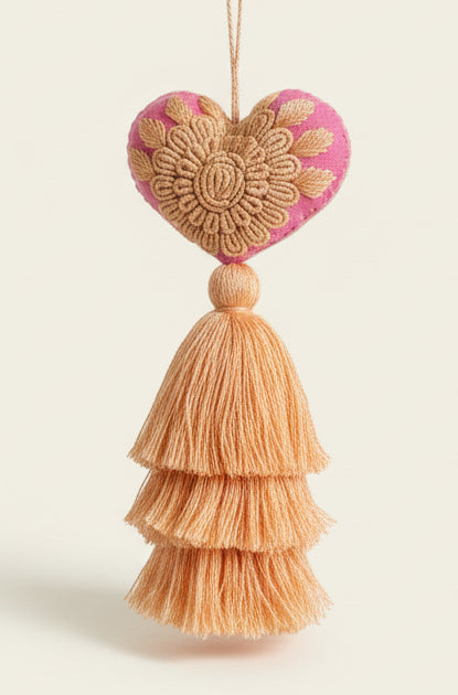 Heart Embroidered Pompom / Pink, Peach
