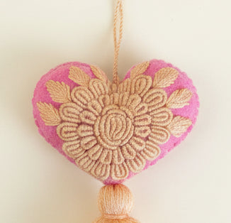 Heart Embroidered Pompom / Pink, Peach