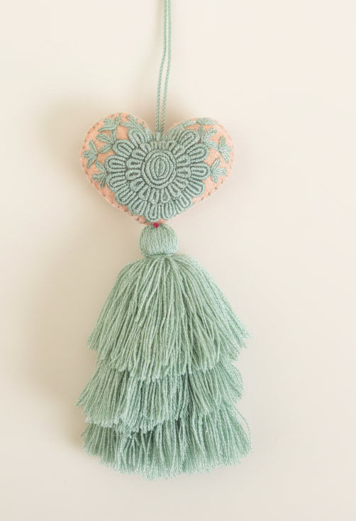 Heart Embroidered Pompom / Peach,Mint