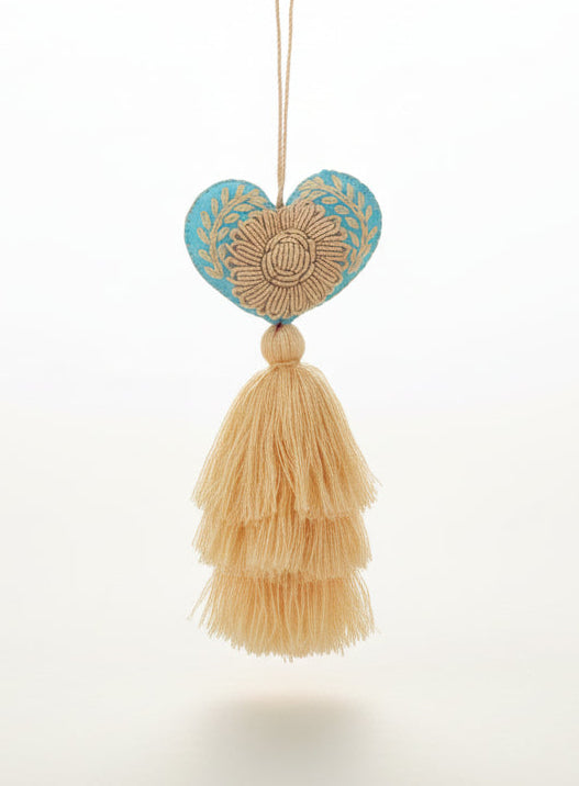 Heart Embroidered Pompom / Light Blue, Cream