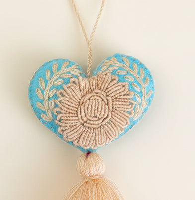 Heart Embroidered Pompom / Light Blue, Cream