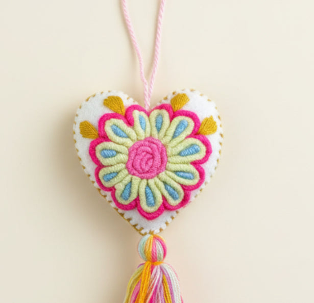 Heart Embroidered Pompom | White Confetti