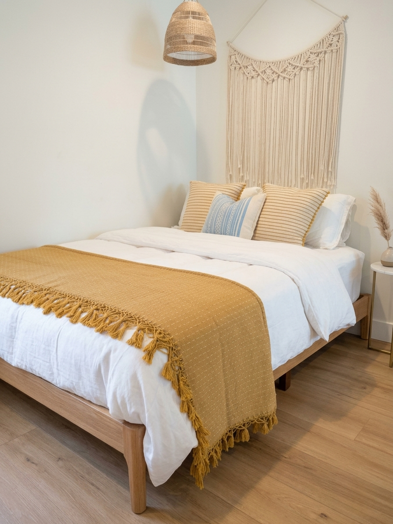Mexican Handwoven Cotton Quilt |      Mustard Yellow & Ivory    Double
