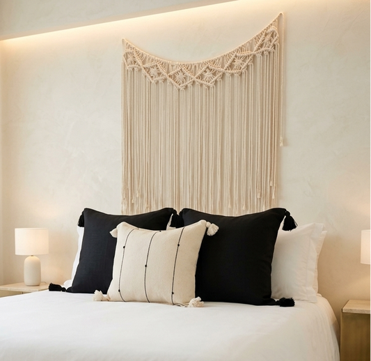 Handwoven Mexican Pillow Cover with Tassels | Ivory, Black